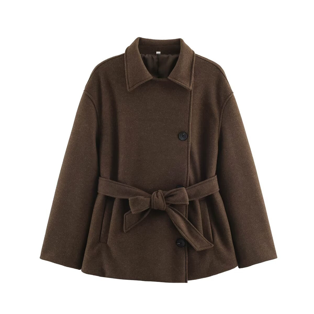 Slanted breasted buckle with waist belt woolen coat for women