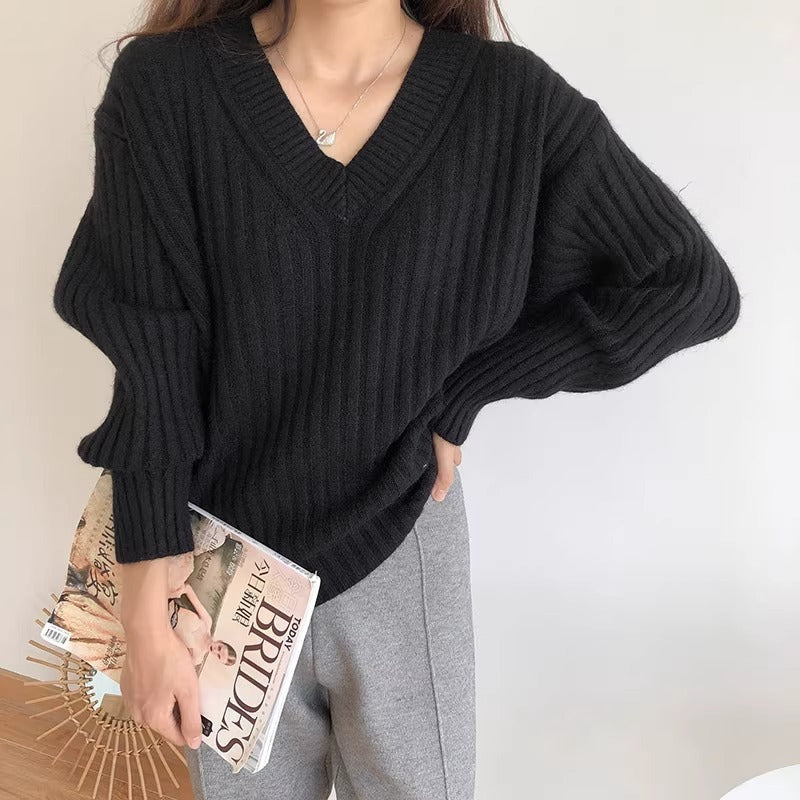 Retro V-Neck Pullover Sweater for Women,New Loose Soft Knitwear Top