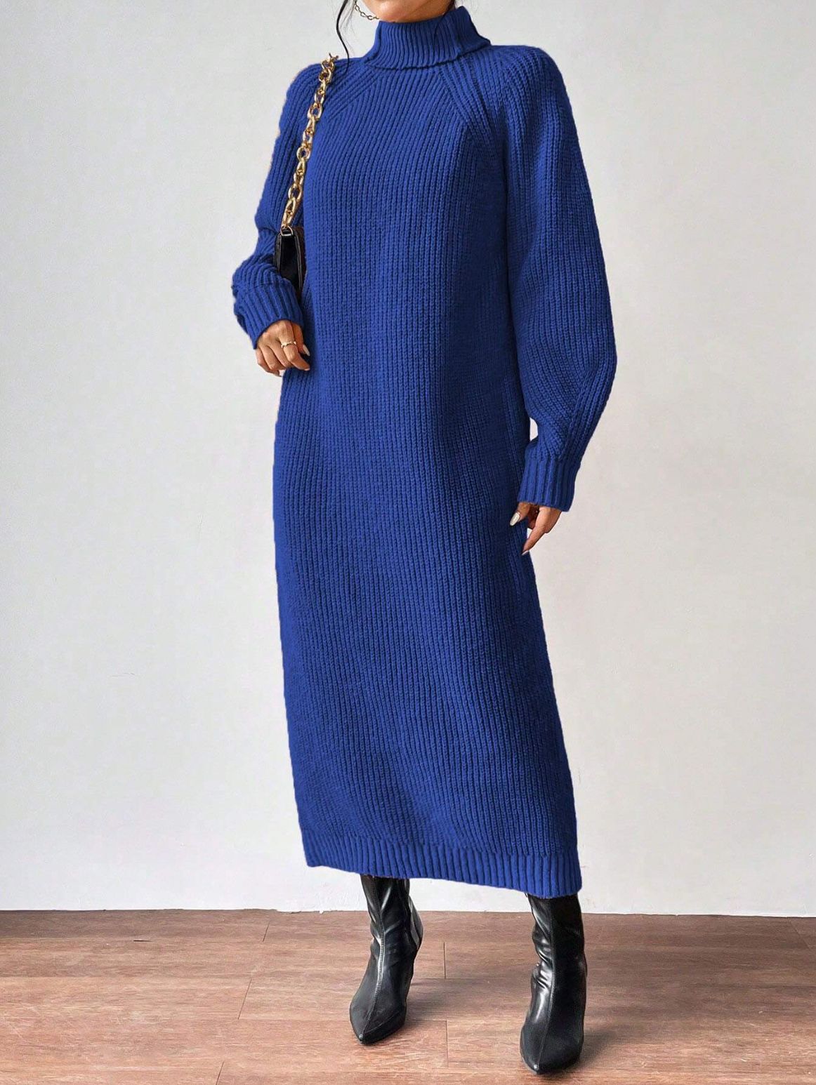 Vestido largo de punto liso para mujer con manga larga y cuello alto