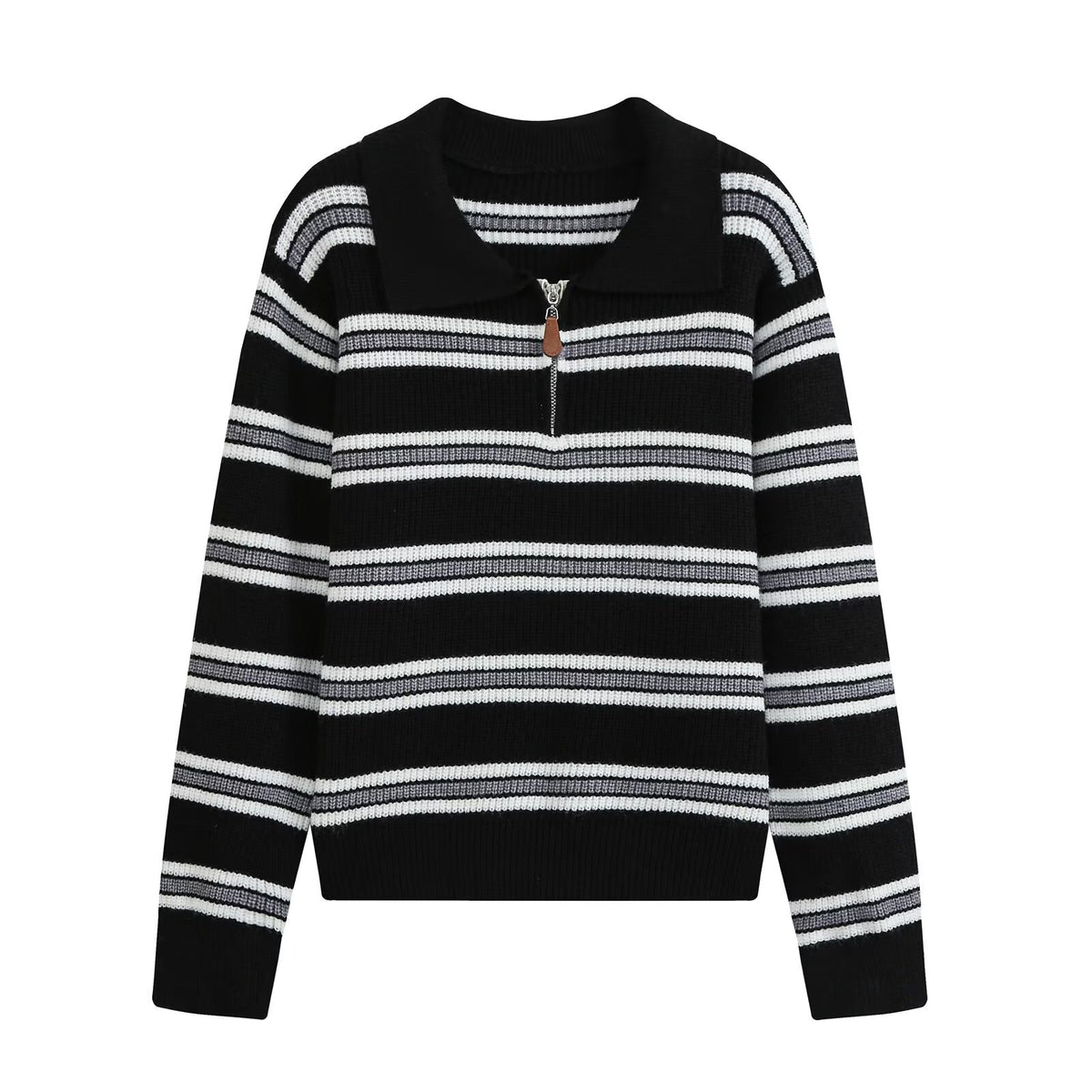 Slim zipper decoration POLO collar striped knit sweater for women