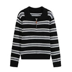 Slim zipper decoration POLO collar striped knit sweater for women