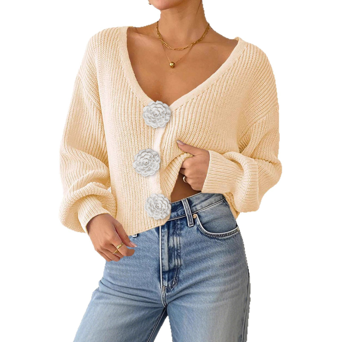 Women's Knit Sweater, Cropped Cardigan with Hand-Crocheted Floral Decoratio