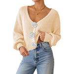 Women's Knit Sweater, Cropped Cardigan with Hand-Crocheted Floral Decoratio
