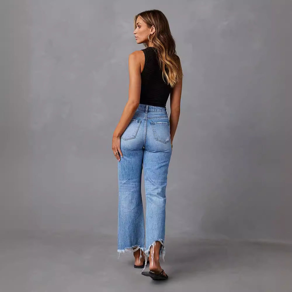 Flared Leg Fringe Washed Tie-Dye Ripped High Waist Jeans Straight Leg Casual Long Pants Women
