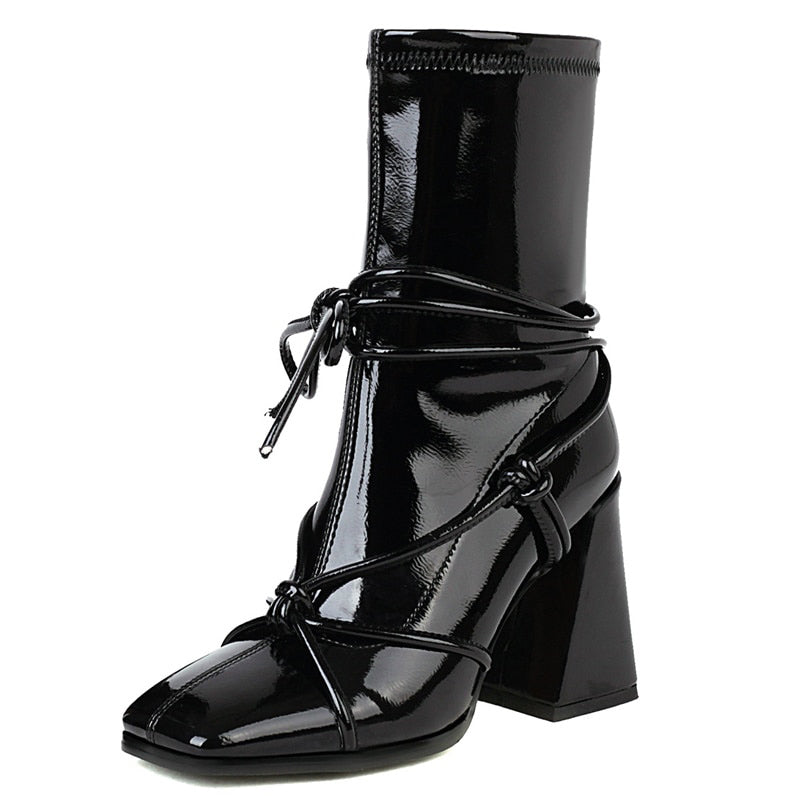 Botines negros de tacón alto para mujer, estilo gladiador punk, para otoño e invierno
