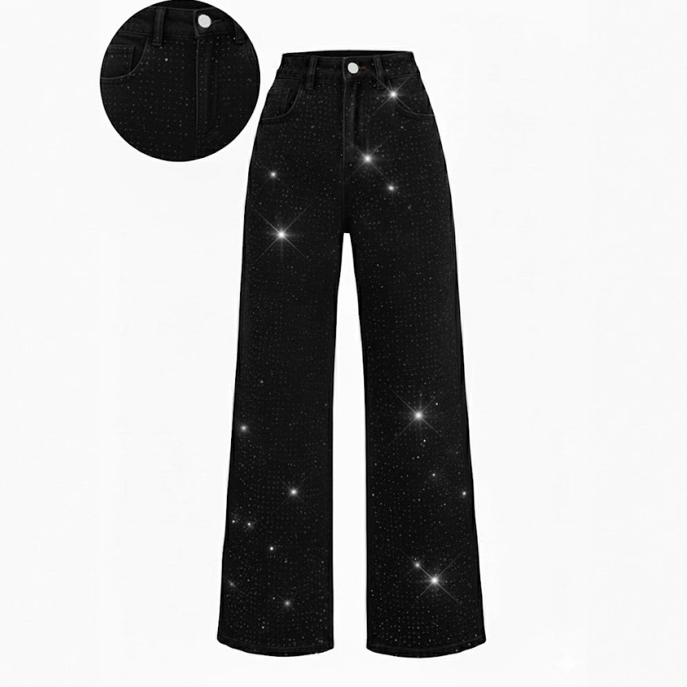 Crisp denim jeans, fashion rhinestone embellished high waist loose casual straight leg jeans
