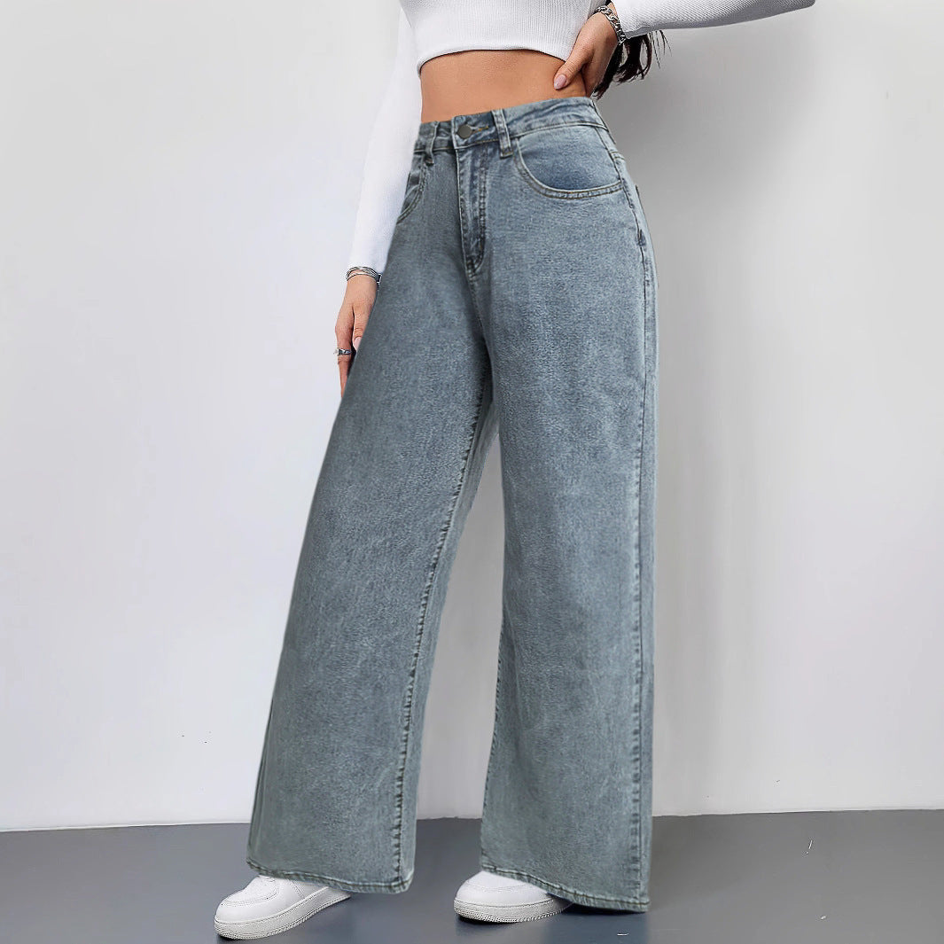 Loose High-Waisted Wide-Leg Jeans with Pink Bow Embroidery on Back Pocket