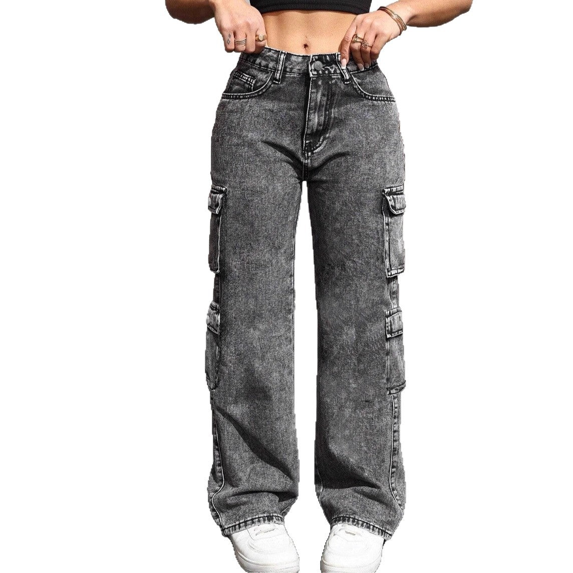 Irregular Washed Denim Pants for Women, Multi-pocket Cargo Style Youth Fashion