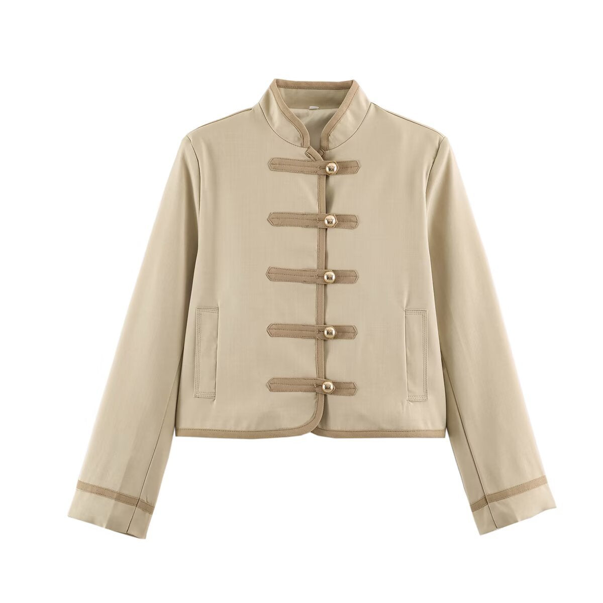 Loose knot breasted long sleeved stand up collar jacket for women
