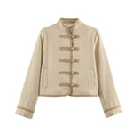 Loose knot breasted long sleeved stand up collar jacket for women