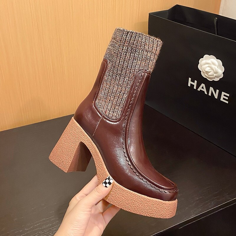 Botines elásticos tipo calcetín para mujer con plataforma y tacón alto, cálidos para otoño e invierno