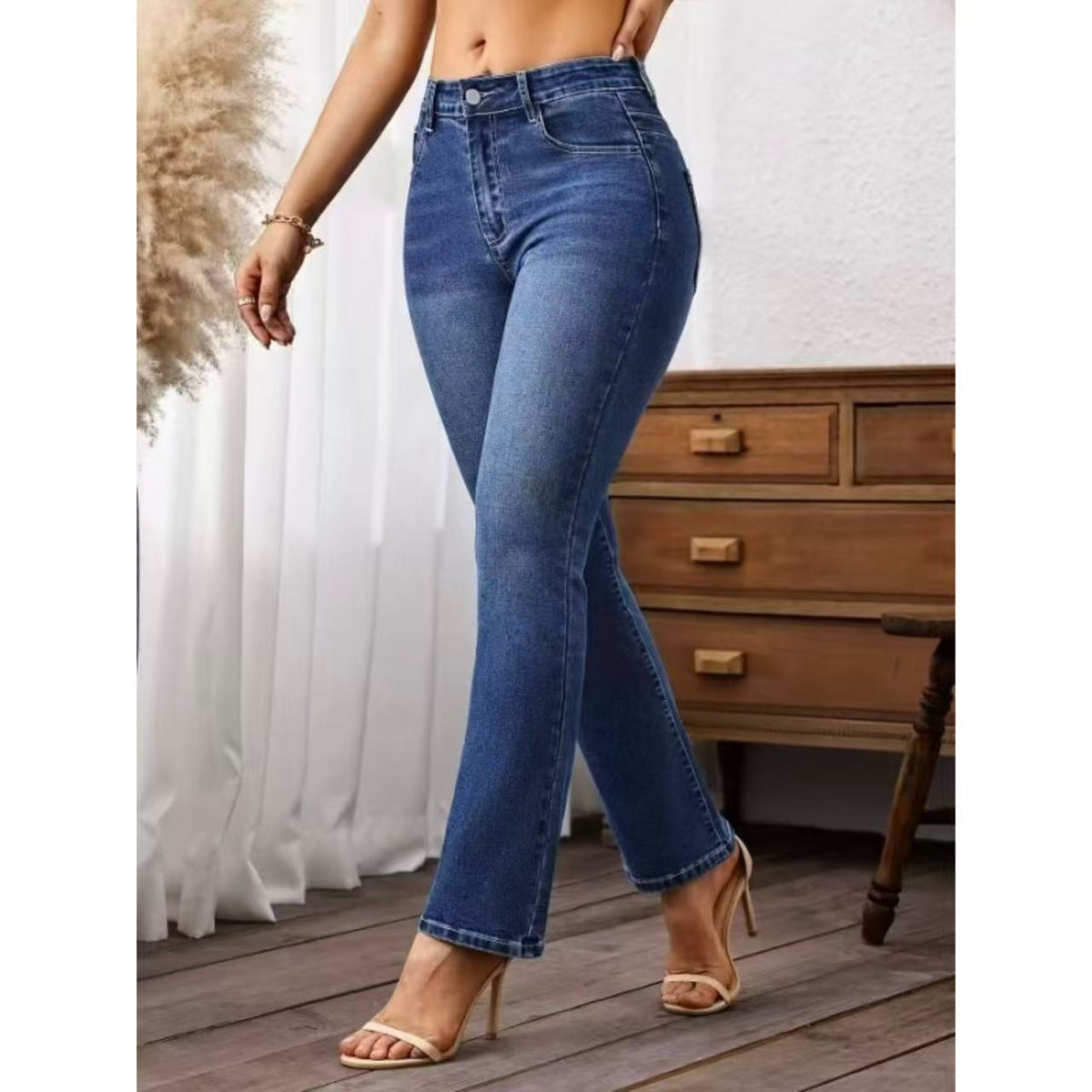 Classic Stretch Denim Jeans Women, Embroidered Blue Denim Cotton, Fashion Style, High Waist, Elastic Waistband, Casual Wear