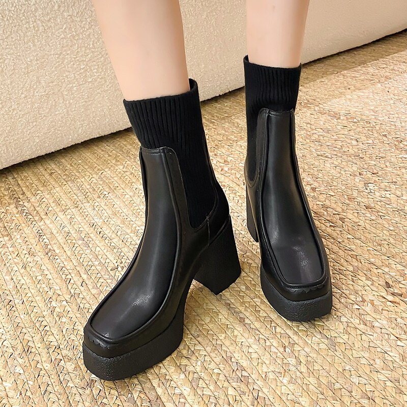 Botines elásticos tipo calcetín para mujer con plataforma y tacón alto, cálidos para otoño e invierno