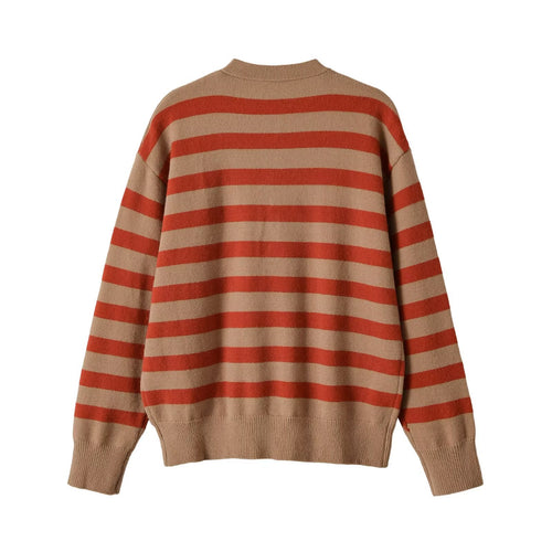 Button up stand up collar long sleeved striped knitted sweater for women
