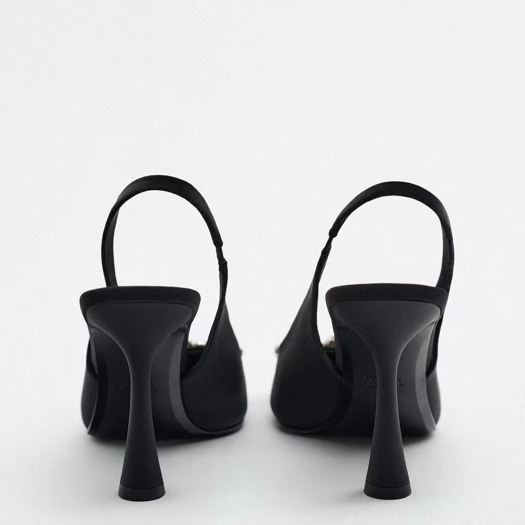 Zapatos de tacón destalonados para mujer con punta fina y brillo, para bodas