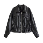 Pocket hem drawstring waist cinching leather jacket for women