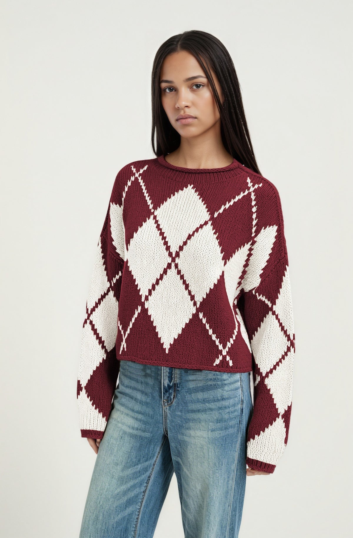 Jersey holgado de rombos para mujer con cuello redondo y manga larga