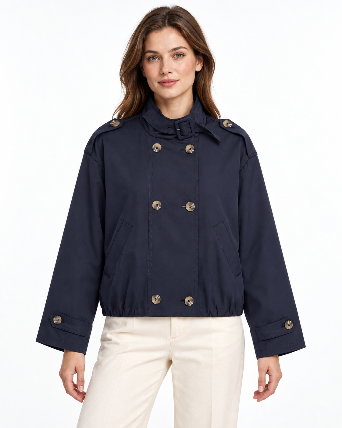 Loose double breasted shoulder strap stand up collar trench coat for women