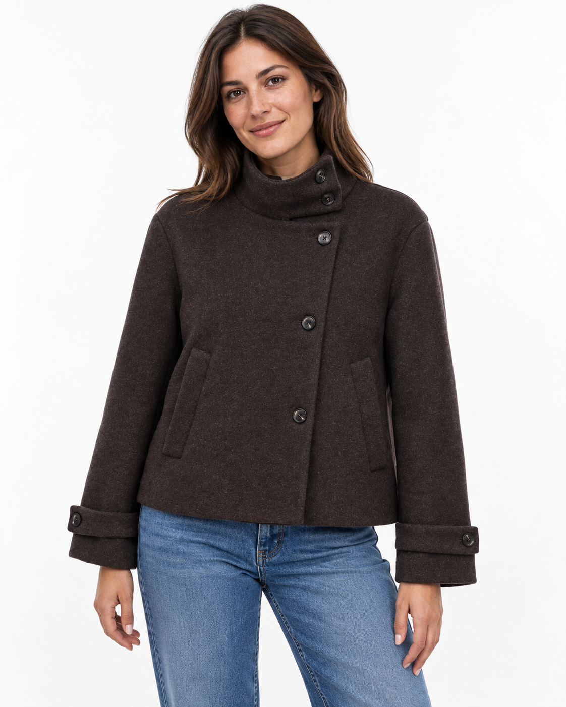 Slant breasted single breasted standing collar woolen coat for women