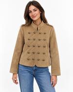 Knot button embellished suede textured stand up collar jacket for women