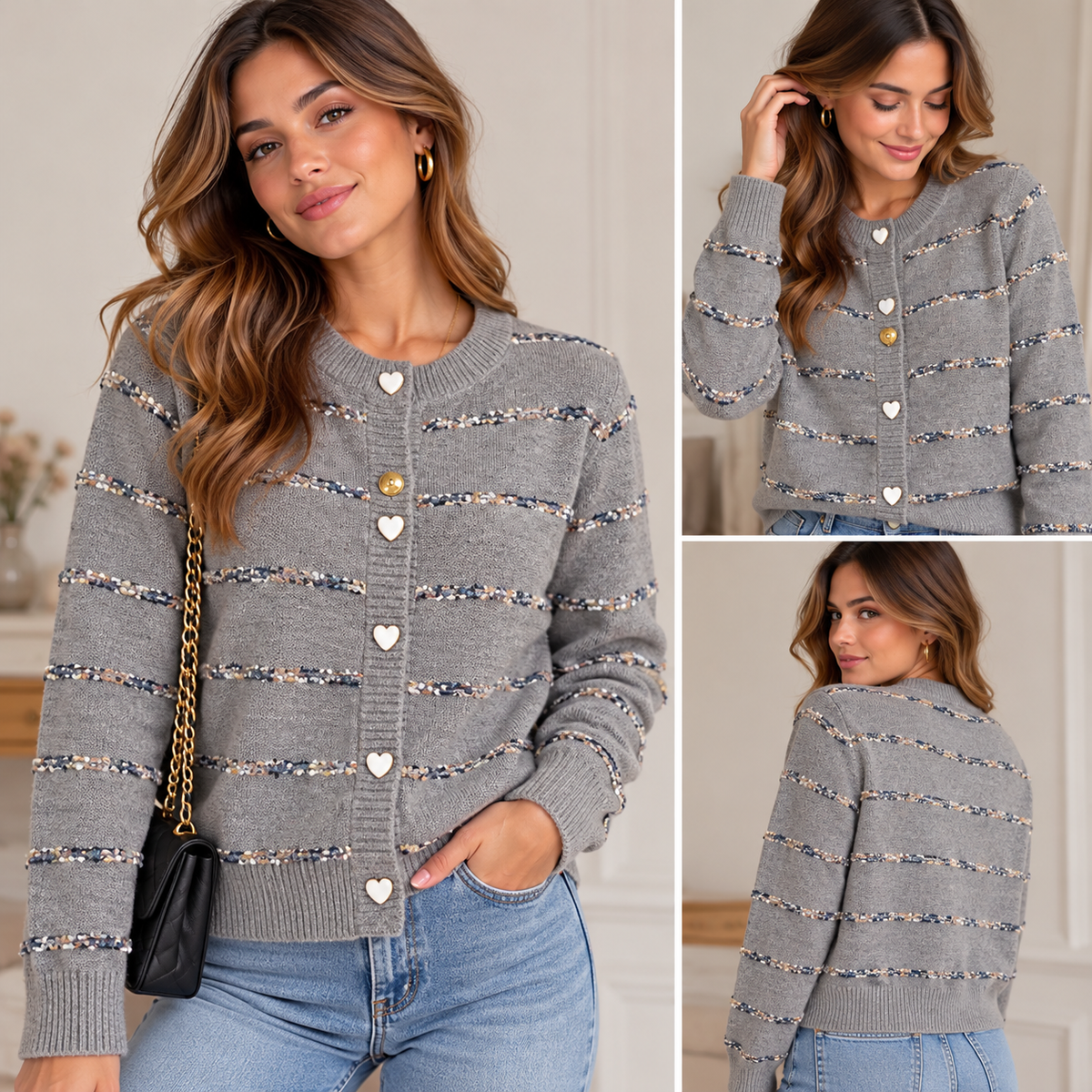 Striped cardigan with heart-shaped button sweater