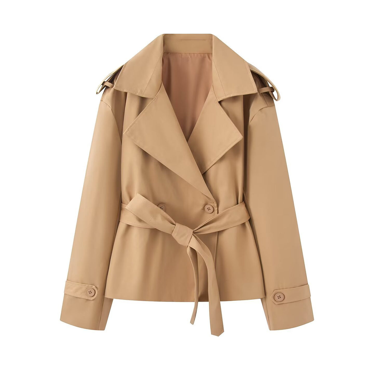 Double breasted jacket with waistband and suit collar