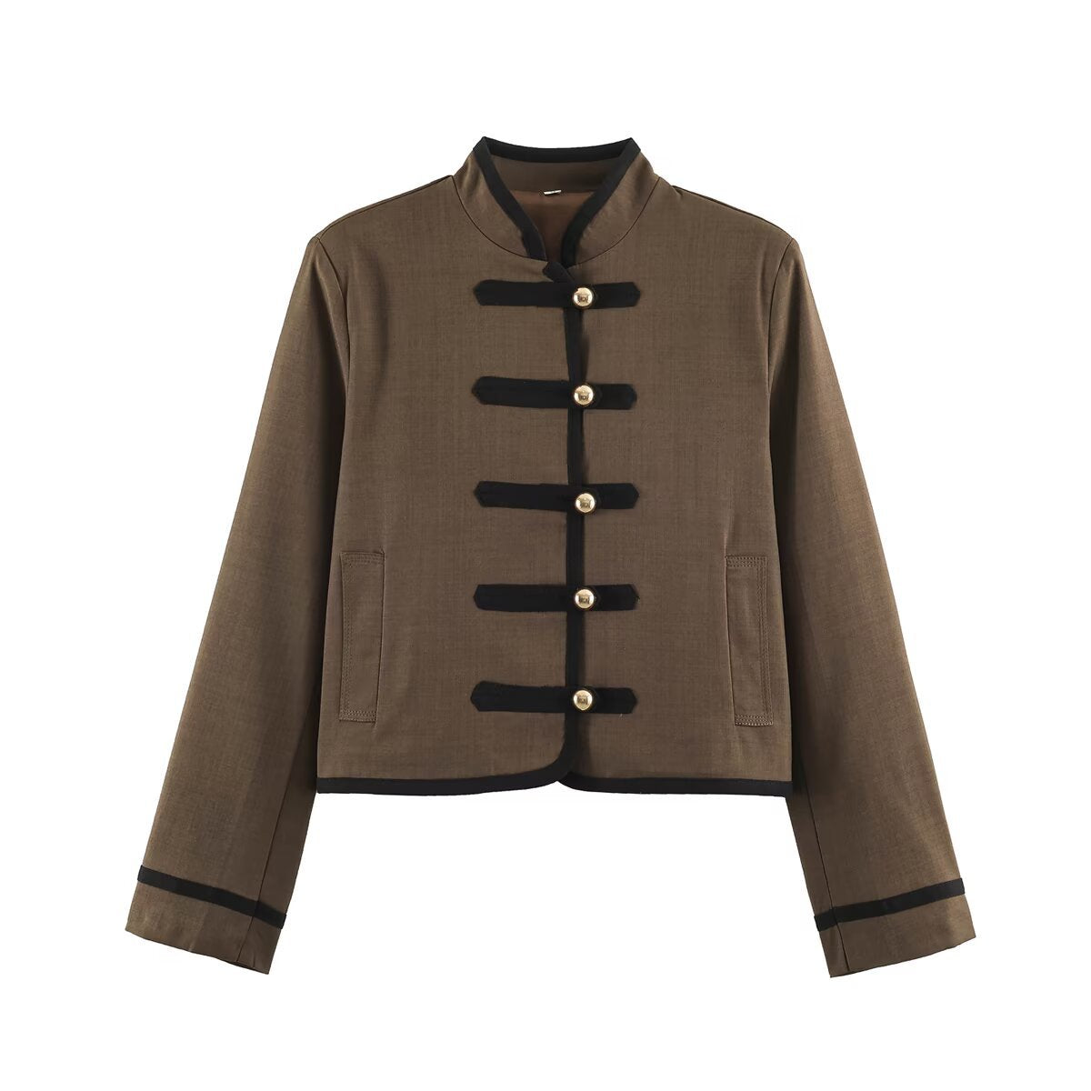Loose knot breasted long sleeved stand up collar jacket for women