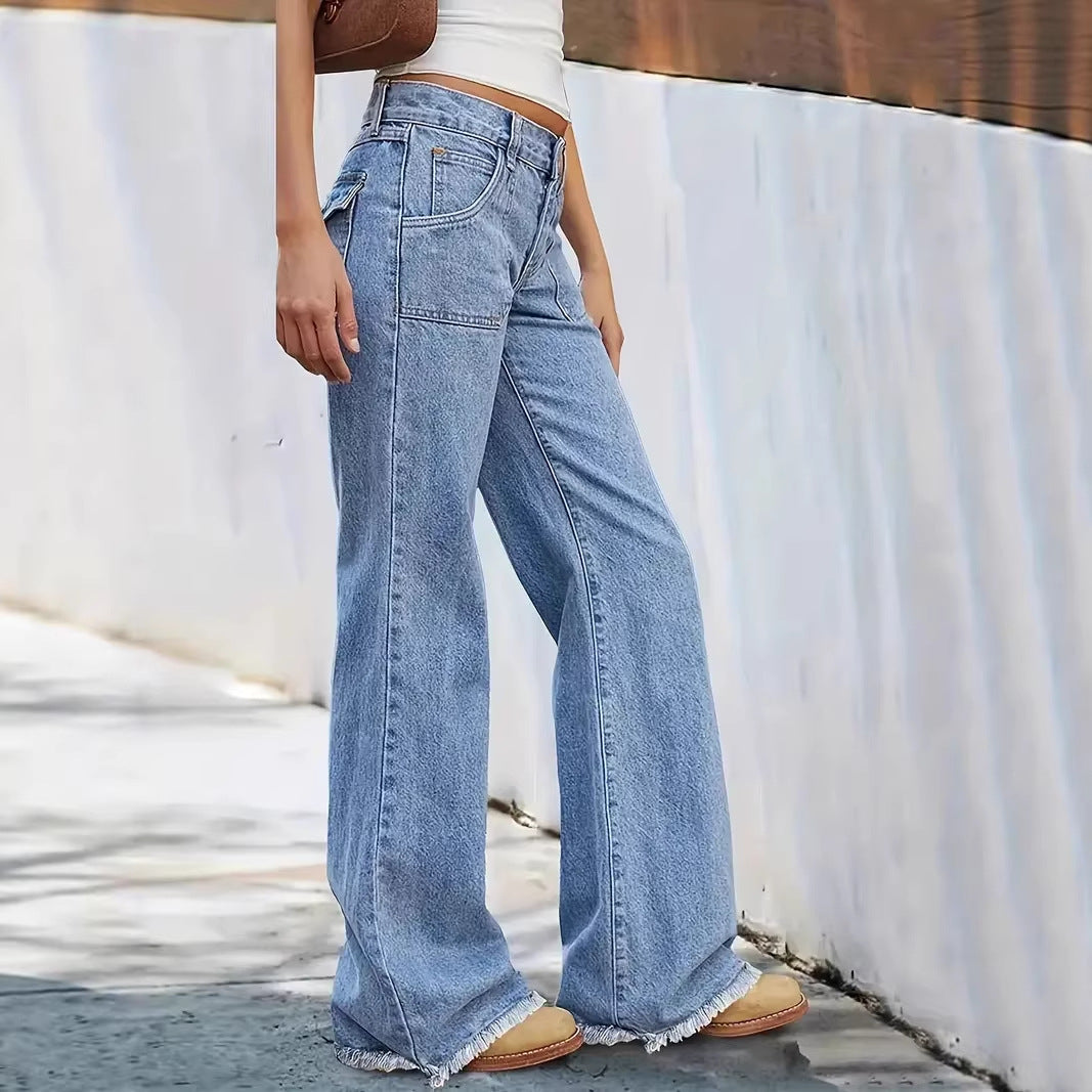 loose fit with large pockets women's retro frayed hem wide-leg jeans