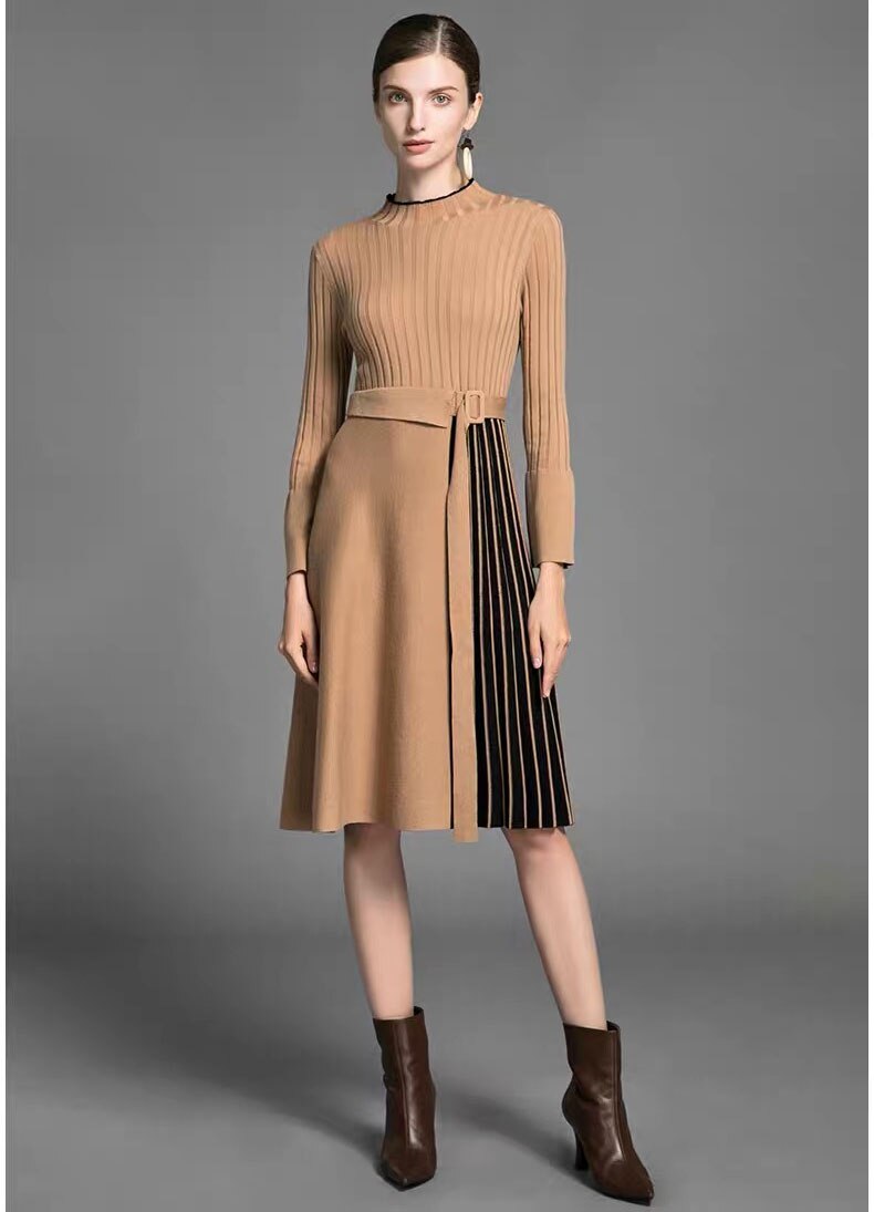 Vestido midi elegante de rayas con diseño combinado y mangas largas acampanadas, para otoño e invierno
