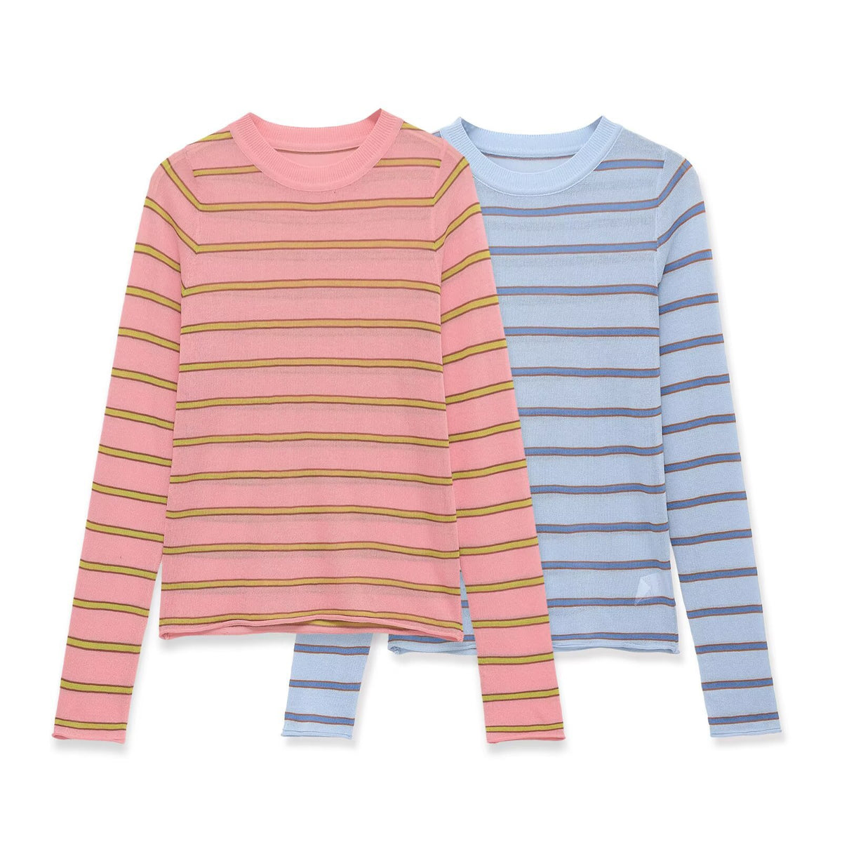 Casual long sleeved round neck striped contrasting knit sweater
