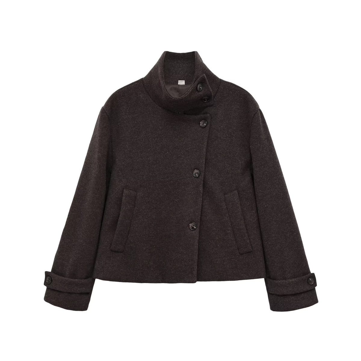 Slant breasted single breasted standing collar woolen coat for women
