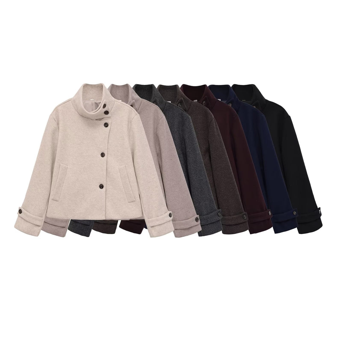 Slant breasted single breasted standing collar woolen coat for women
