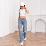 Washed Distressed Non-Stretch Straight Leg Jeans for Women