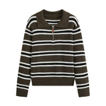 Slim zipper decoration POLO collar striped knit sweater for women