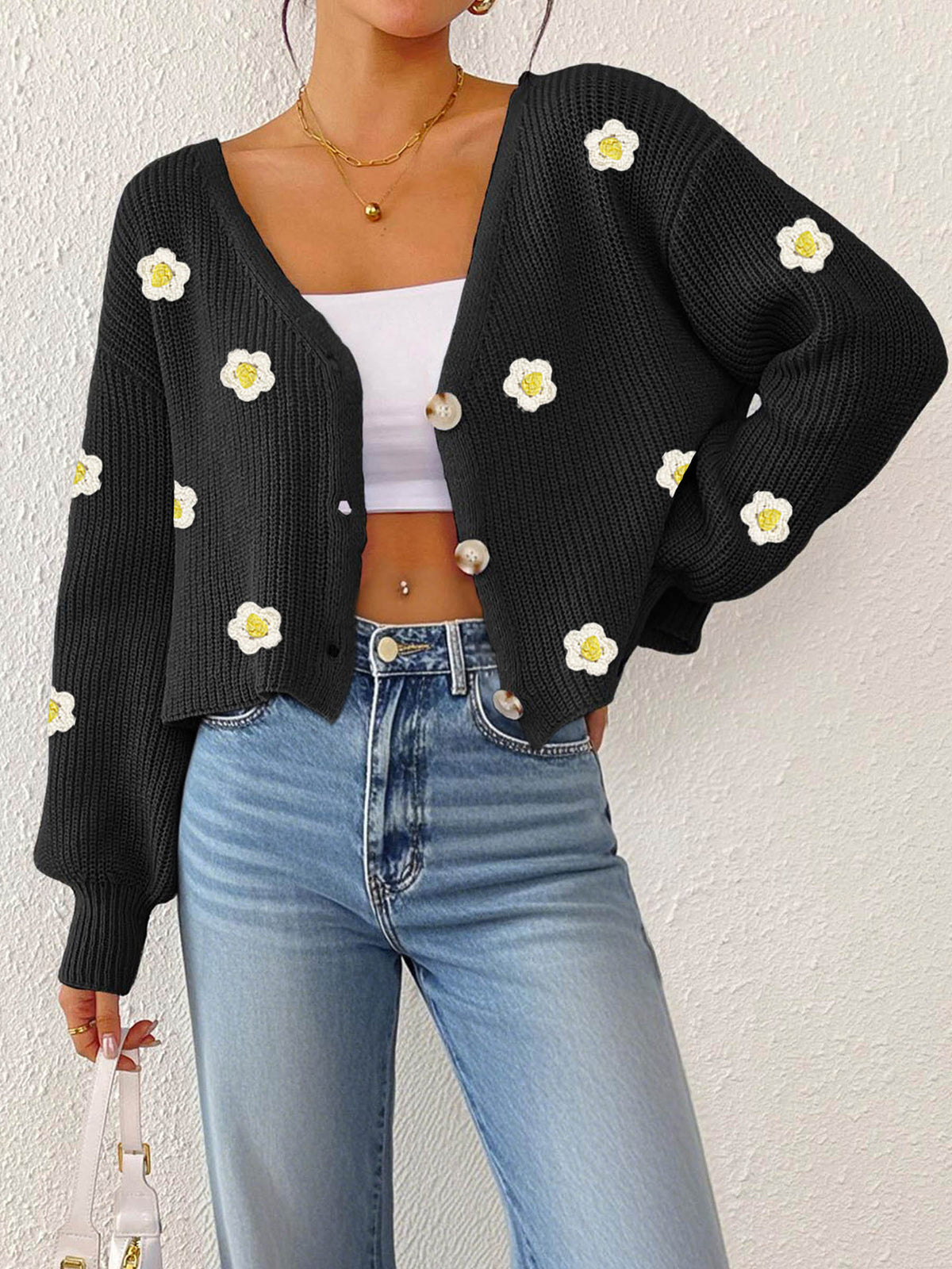 Cardigan for Women with Hand-Crocheted 3D Flower Splicing, Loose Long Sleeve Short Coat