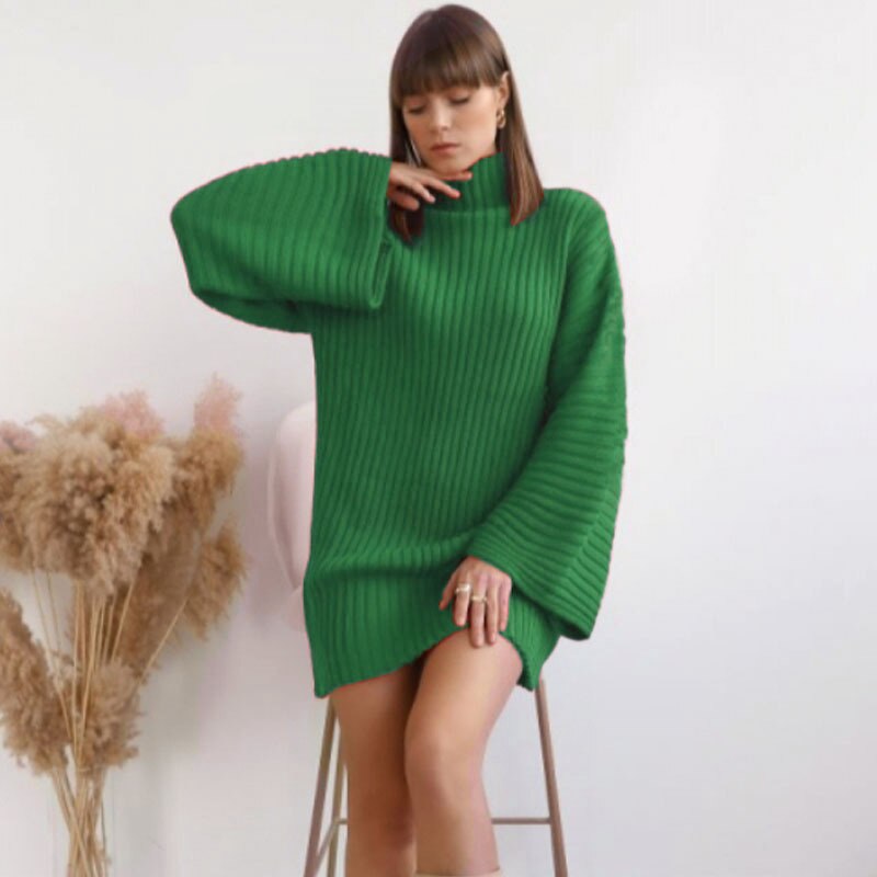 Vestido de punto para mujer con cuello vuelto y mangas acampanadas, liso y holgado para invierno