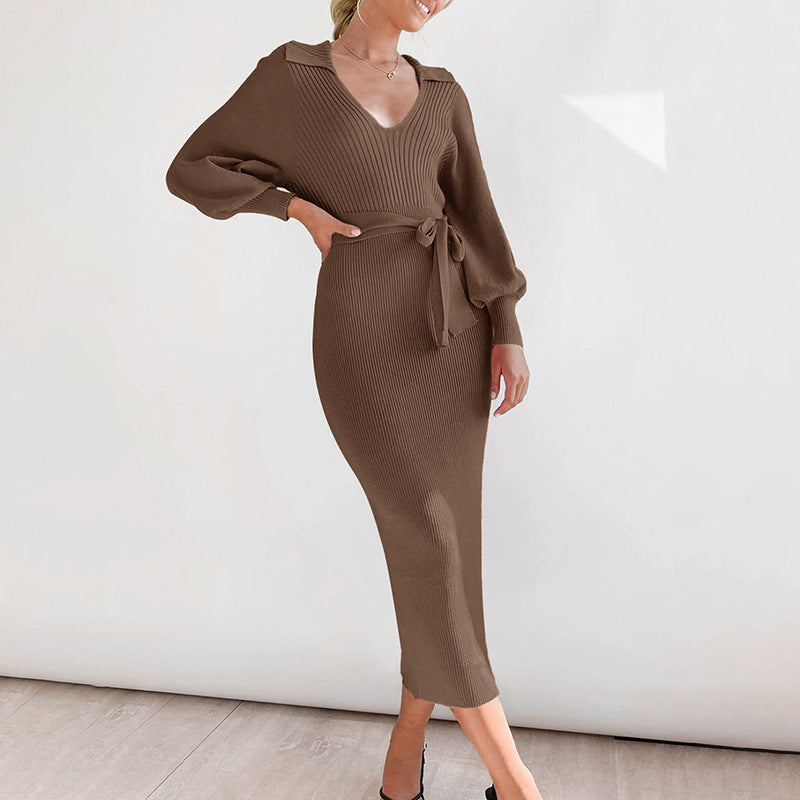 Vestido largo de punto con manga farol y cintura ajustada