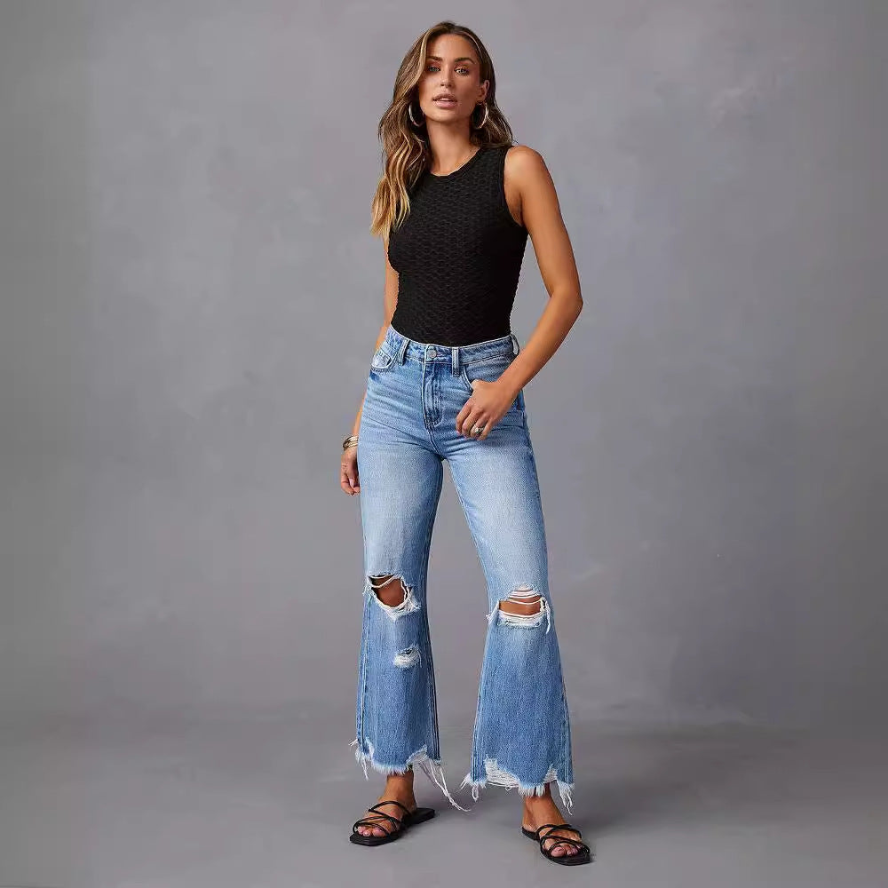 Flared Leg Fringe Washed Tie-Dye Ripped High Waist Jeans Straight Leg Casual Long Pants Women
