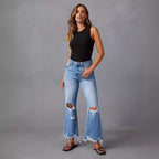 Flared Leg Fringe Washed Tie-Dye Ripped High Waist Jeans Straight Leg Casual Long Pants Women