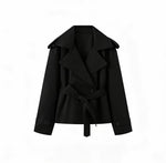 Double breasted jacket with waistband and suit collar