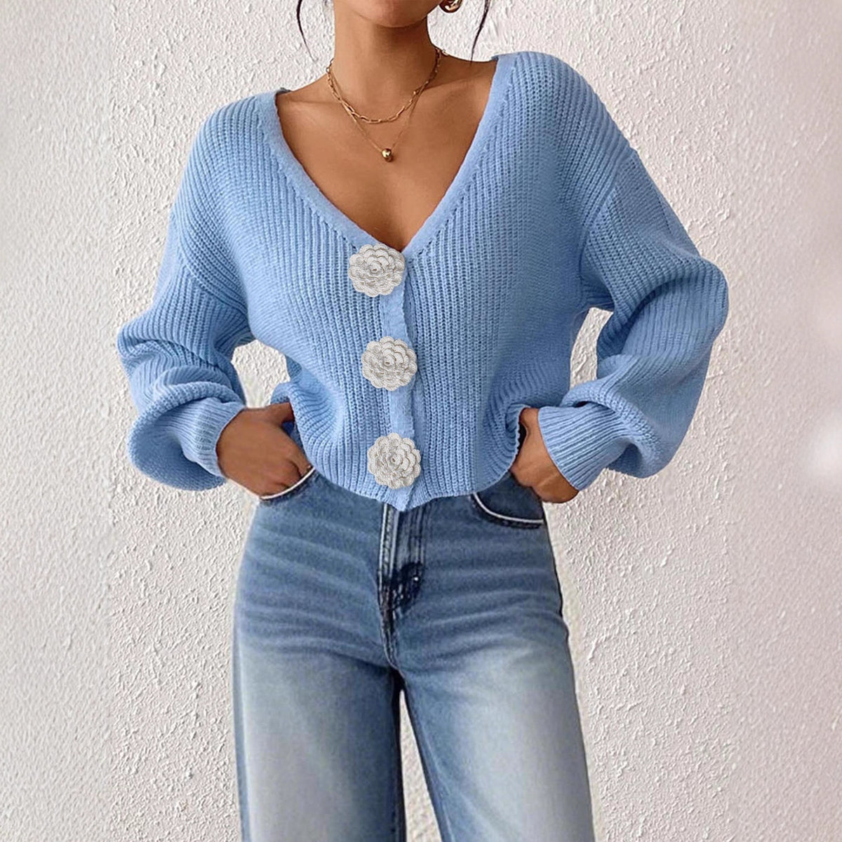 Women's Knit Sweater, Cropped Cardigan with Hand-Crocheted Floral Decoratio