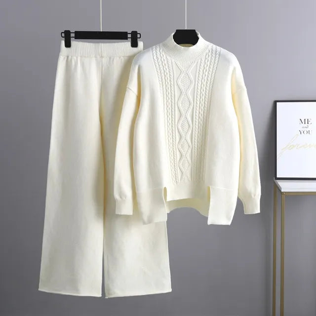Conjunto de dos piezas para mujer con jersey y pantalón de pierna ancha, grueso y abrigado.