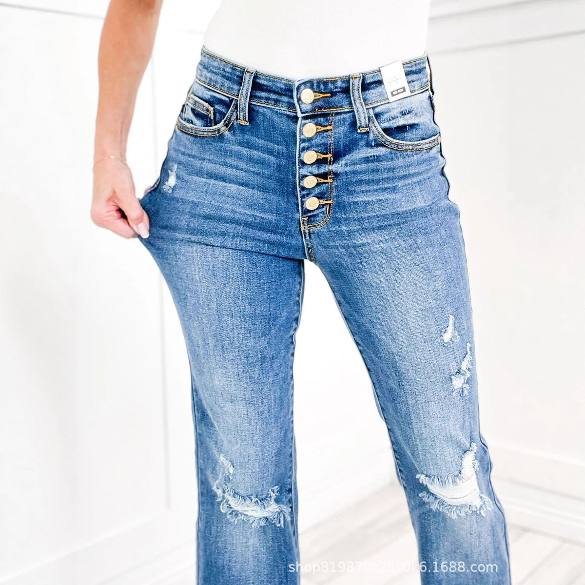 Style high-waisted buttoned ripped jeans women vintage streetwear commuting versatile solid color slim fit flared pants trendy
