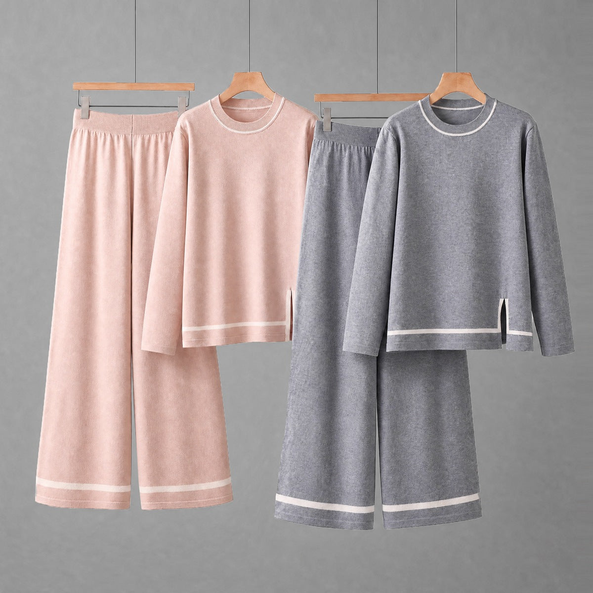 Conjunto de dos piezas para mujer de manga larga con aberturas y pantalón de pernera ancha