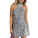 Vestido de fiesta de lentejuelas con cuello halter y espalda descubierta para mujer