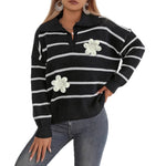 Top Women's Stripe Embroidered Beaded Flower Patchwork Polo Neck Sweater