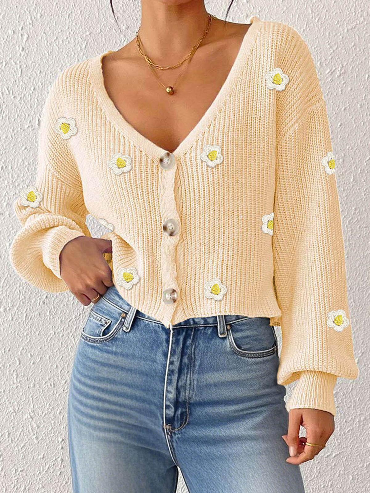 Cardigan for Women with Hand-Crocheted 3D Flower Splicing, Loose Long Sleeve Short Coat