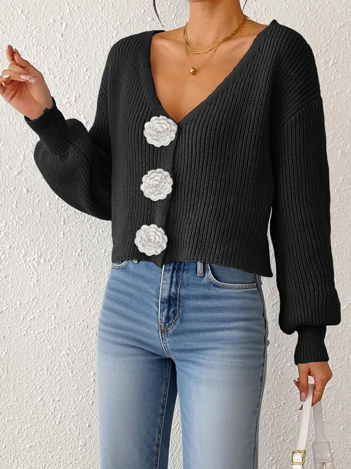 Women's Knit Sweater, Cropped Cardigan with Hand-Crocheted Floral Decoratio