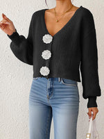 Women's Knit Sweater, Cropped Cardigan with Hand-Crocheted Floral Decoratio