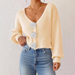 Women's Knit Sweater, Cropped Cardigan with Hand-Crocheted Floral Decoratio